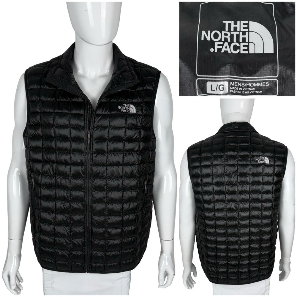 The North Face Thermoball Mens Large Vest Black Quilted Puffer Full Zip EUC
